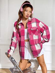 SHEIN EZwear 格紋印花落肩袖花呢外套 - 彩色 - 查看 3