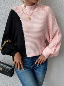 SHEIN Privé Two Tone Mock Neck Batwing Sleeve Sweater - Multicolor - View 5
