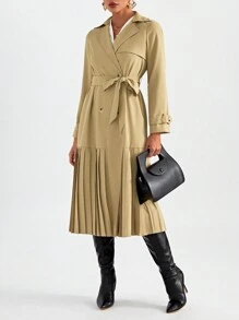 SHEIN Privé Đôi ngực Viền xếp Thắt lưng Áo khoác Trench - Màu Khaki - Xem 7