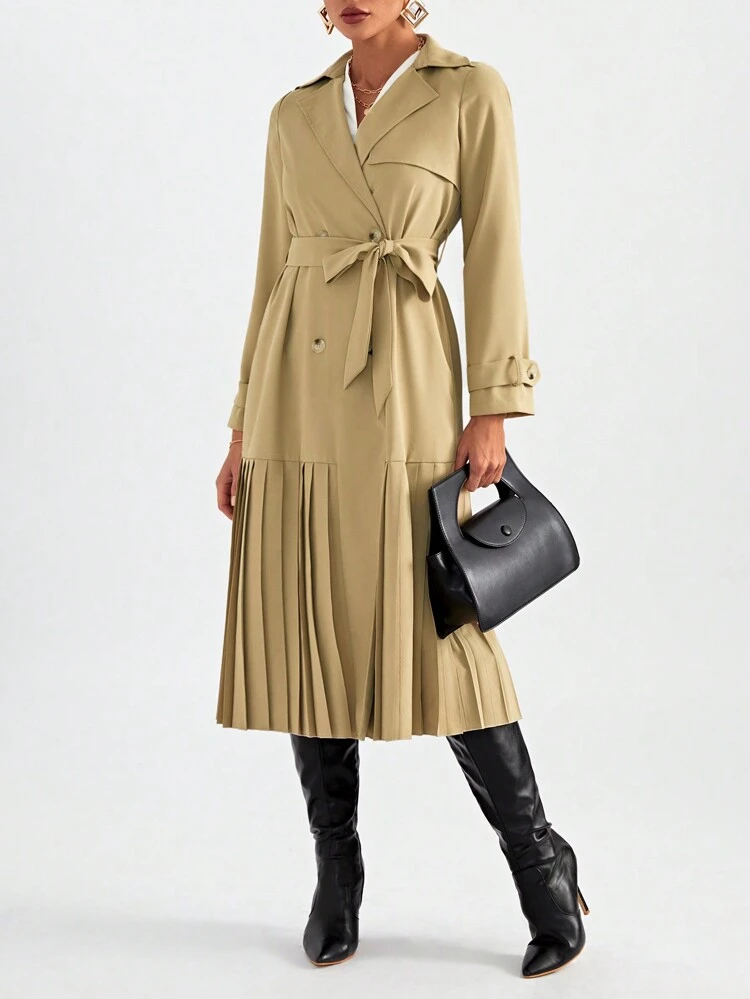 Double Breasted Pleated Hem Belted Trench Coat