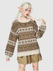 ROMWE Fairycore Geo Pattern Drop Shoulder Sweater - Multicolor - View 2