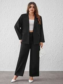 SHEIN Privé Blazer unicolor con pantalones anchos - Negro - Ver 6
