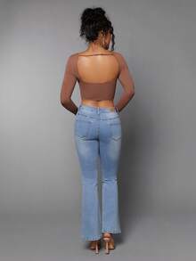 SHEIN BAE 素色露背短款T恤 - 棕色 - 查看 4