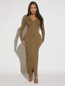 SHEIN SXY Button Front Ribbed Knit Bodycon Dress - Khaki - View 1