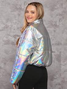 少女全息拉链衬垫外套 - 銀色 - 查看 2