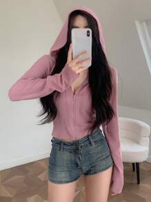 DAZY 纯色拉链短款连帽卫衣夹克