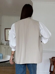 DAZY Áo blazer nữ màu trơn cổ ve lật, cài cúc đôi, không tay, thích hợp mặc đi làm, trang phục công sở mùa thu. - Màu be - Xem 2