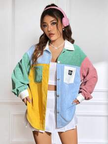 SHEIN EZwear Áo khoác nhung kẻ có túi kép chi tiết được vá bằng chữ Colorblock - Nhiều màu - Xem 1