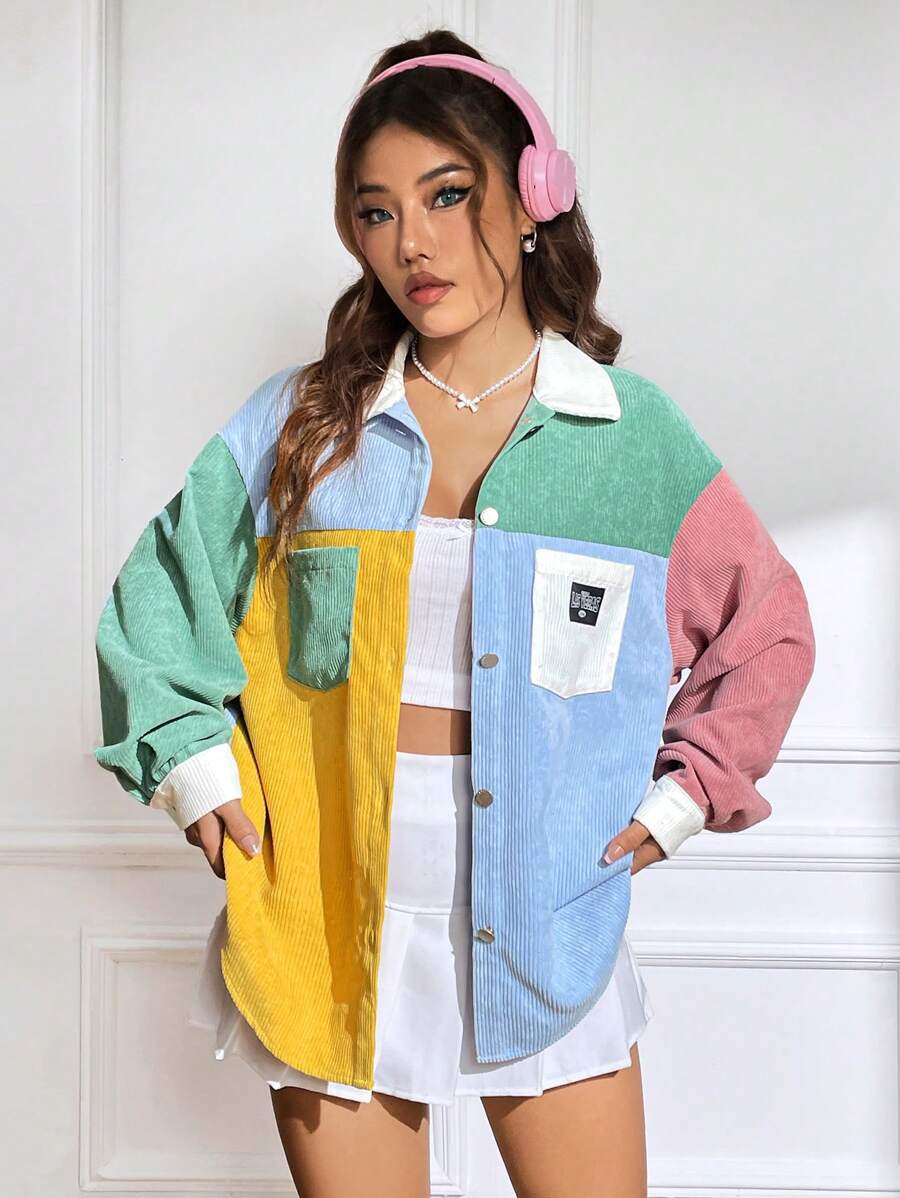 SHEIN EZwear Áo khoác nhung kẻ có túi kép chi tiết được vá bằng chữ Colorblock - Nhiều màu - Xem 1