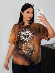 SHEIN EZwear 大碼日月圖案紮染落肩T恤