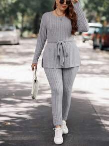 SHEIN LUNE Plus Split Hem Belted Tee & Leggings - Grey - View 3