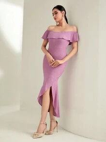 Modelyn Off Shoulder Ruffle Trim Split Thigh Dress - Purple - View 4
