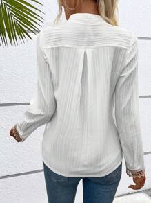 SHEIN VCAY Guipure Lace Panel Notched Neckline Blouse - White - View 2