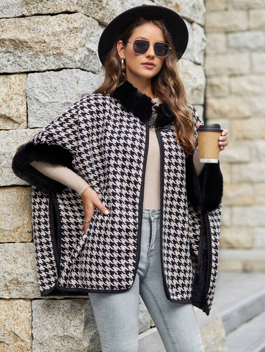 SHEIN Clasi 千鳥格圖案毛茸邊蝙蝠袖開襟衫 - 彩色 - 查看 1