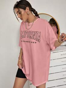 SHEIN Unity Camiseta con hombros caídos y estampado de letras - Rosa - Ver 3