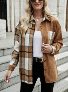 SHEIN LUNE Plaid Panel Drop Shoulder Corduroy Coat - Multicolor - View 5