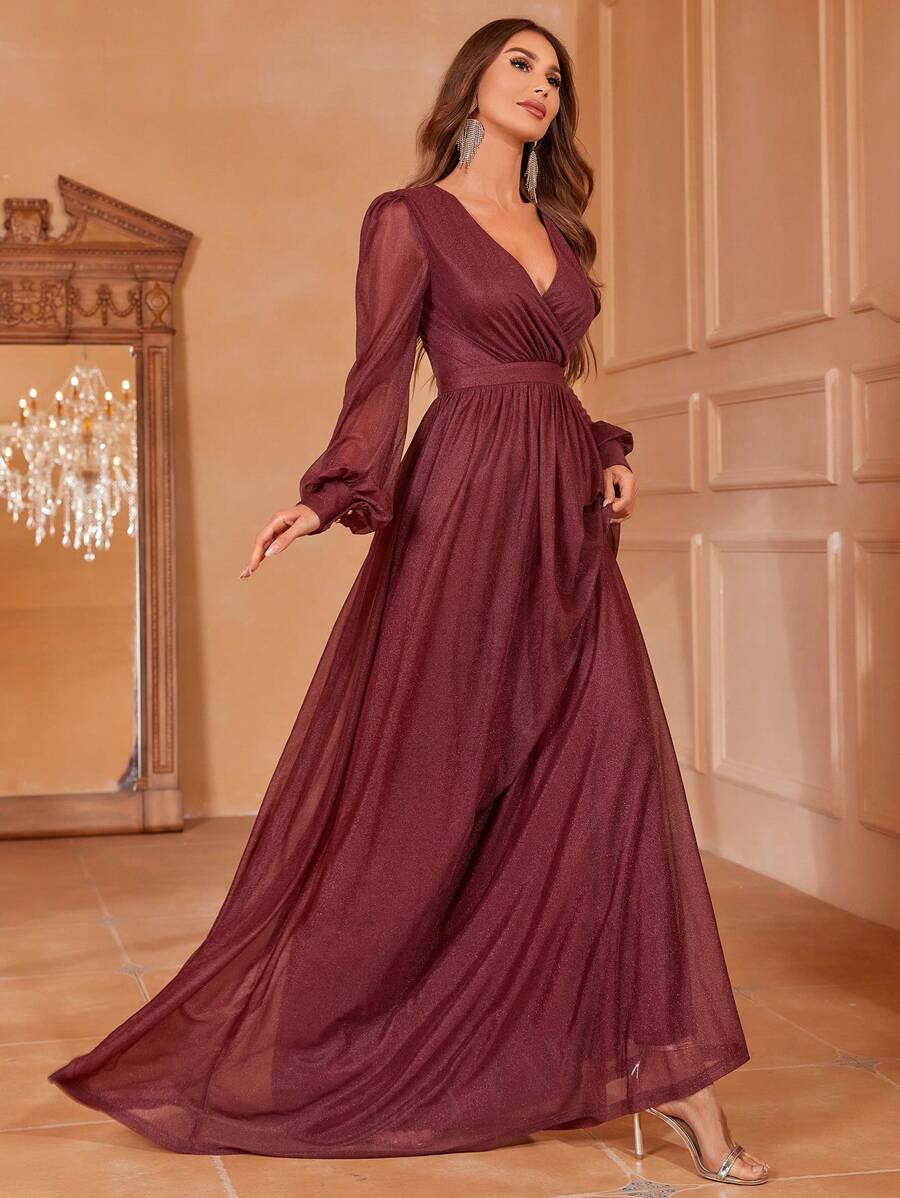 Faeriesty 優雅V領燈籠袖正式禮服,交叉抓褶上身設計,A字流暢拖地長裙,適合婚禮、晚宴、慶典 - 酒紅色 - 查看 1