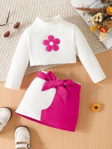SHEIN Bébé Fille Fleuri Patch À Col Montant T-shirt & Ceinturé Jupe