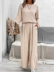 SHEIN LUNE Áo phông trơn & Quần ống rộng - Màu Khaki - Xem 1