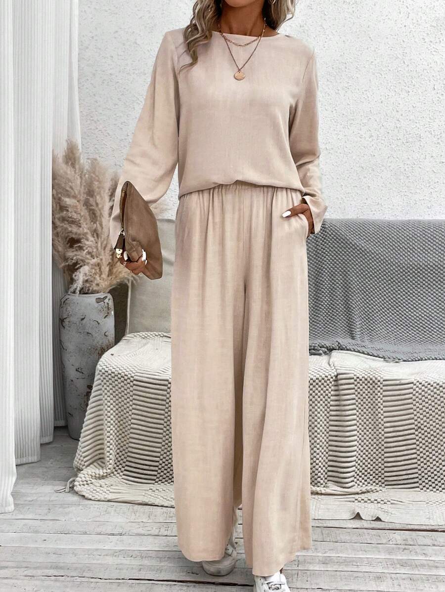 SHEIN LUNE Áo phông trơn & Quần ống rộng - Màu Khaki - Xem 1