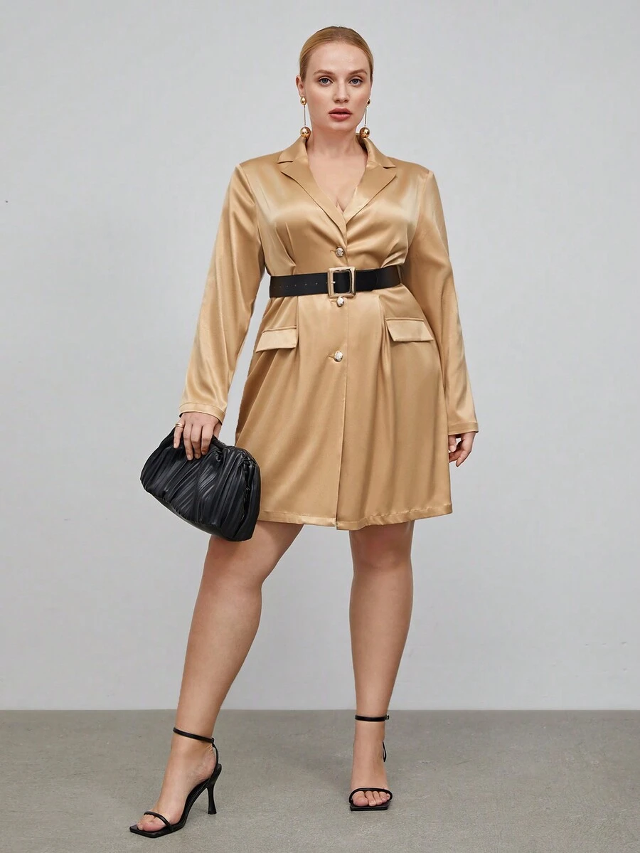 BizChic Plus Lapel Neck Flap Detail Coat Without Belt - Apricot - View 1