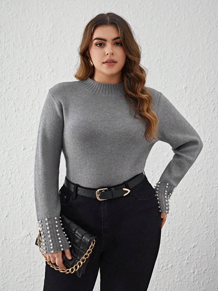 Plus Pearls Beaded Cuff Mock Neck Sweater
