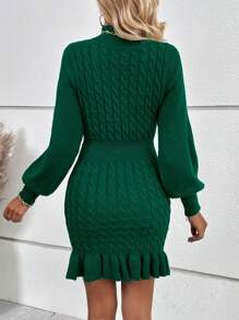 SHEIN Clasi Cable Knit Lantern Sleeve Ruffle Hem Sweater Dress - Green - View 2