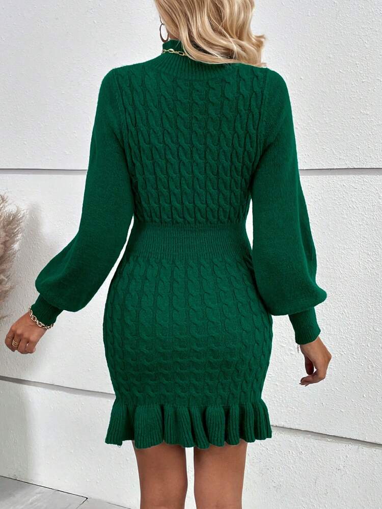Cable Knit Lantern Sleeve Ruffle Hem Sweater Dress