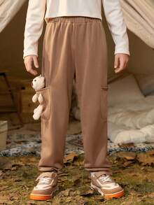 SHEIN 男大童3D熊裝飾衛褲 - 棕色 - 查看 6