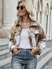 SHEIN LUNE Áo khoác họa tiết kẻ sọc thả trễ vai - màu nâu - Xem 6