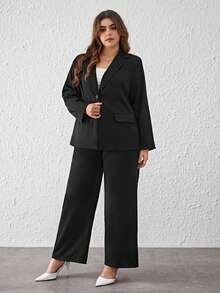 SHEIN Privé Blazer unicolor con pantalones anchos - Negro - Ver 2