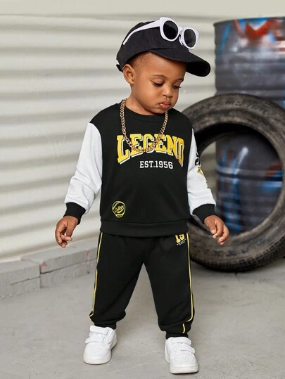Baby Boy Letter Graphic Two Tone Sweatshirt & Sweatpants