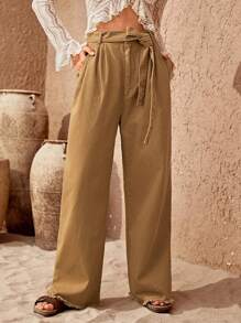 Bohemela High Waist Belted Wide Leg Pants - Khaki - View 1