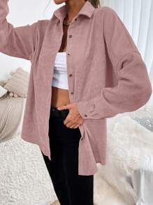 SHEIN Essnce Drop Shoulder Button Front Corduroy Shirt - Dusty Pink - View 5