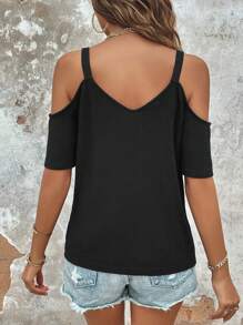 EMERY ROSE Colorblock Chain Detail Cold Shoulder Tee - Khaki - View 2