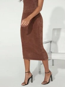 SHEIN BASICS Solid Pencil Knit Skirt - Brown - View 4