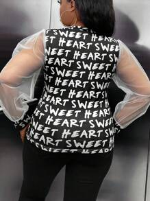 Maweii 加大字母图案撞色网眼灯笼袖 T 恤图案 T 恤女式上衣 - 黑色 - 查看 2