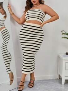 SHEIN Privé Plus Striped Pattern Tube Knit Top & Knit Skirt