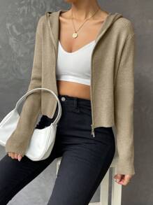 SHEIN EZwear Ribbed Knit Zip Up Hooded Cardigan - Apricot - View 4