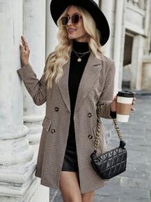 SHEIN Frenchy In Houndstooth Đôi ngực Áo vest - Màu Khaki - Xem 1