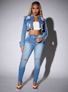 SHEIN SXY Ripped Raw Hem Denim Jacket - Light Wash - View 6