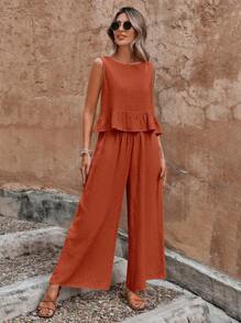 SHEIN Unity Button Back Ruffle Hem Top & Wide Leg Pants - Orange - View 5