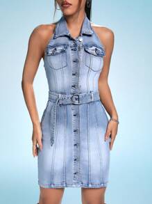 SHEIN ICON Flap Pocket Backless Belted Halter Denim Dress