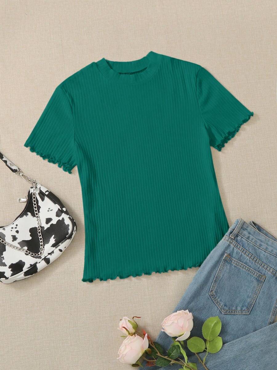 SHEIN Essnce Plus Lettuce Trim Ribbed Knit Tee - Dark Green - View 1