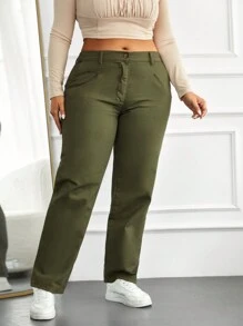 RueChic Plus Solid Slant Pocket Straight Leg Pants - Army Green - View 4