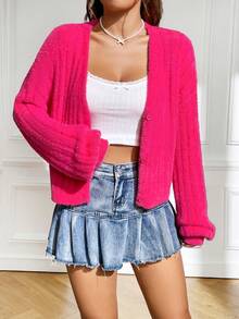 SHEIN EZwear 落肩正面鈕扣開衫 - 玫紅色 - 查看 3