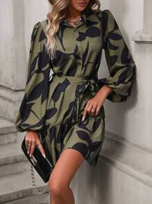SHEIN LUNE Allover Print Lantern Sleeve Ruffle Hem Belted Shirt Dress
