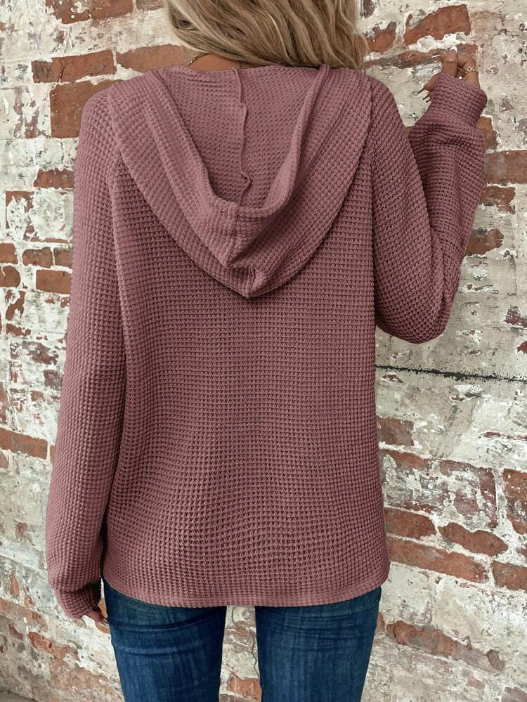 Half Button Raglan Sleeve Drawstring Hooded Waffle Knit Sweatshirt,Long Sleeve Tops Graduation,Back To School Outfits,Graduation,Teacher Outfits For Women,Back To School In Fall/Winter