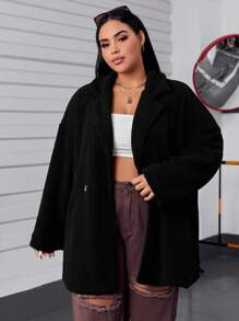 SHEIN EZwear Plus Letter Embroidery Drop Shoulder Teddy Coat - Black - View 3