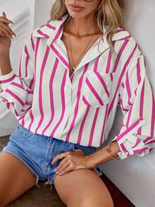 SHEIN Essnce Striped Print Drop Shoulder Shirt - Hot Pink - View 6